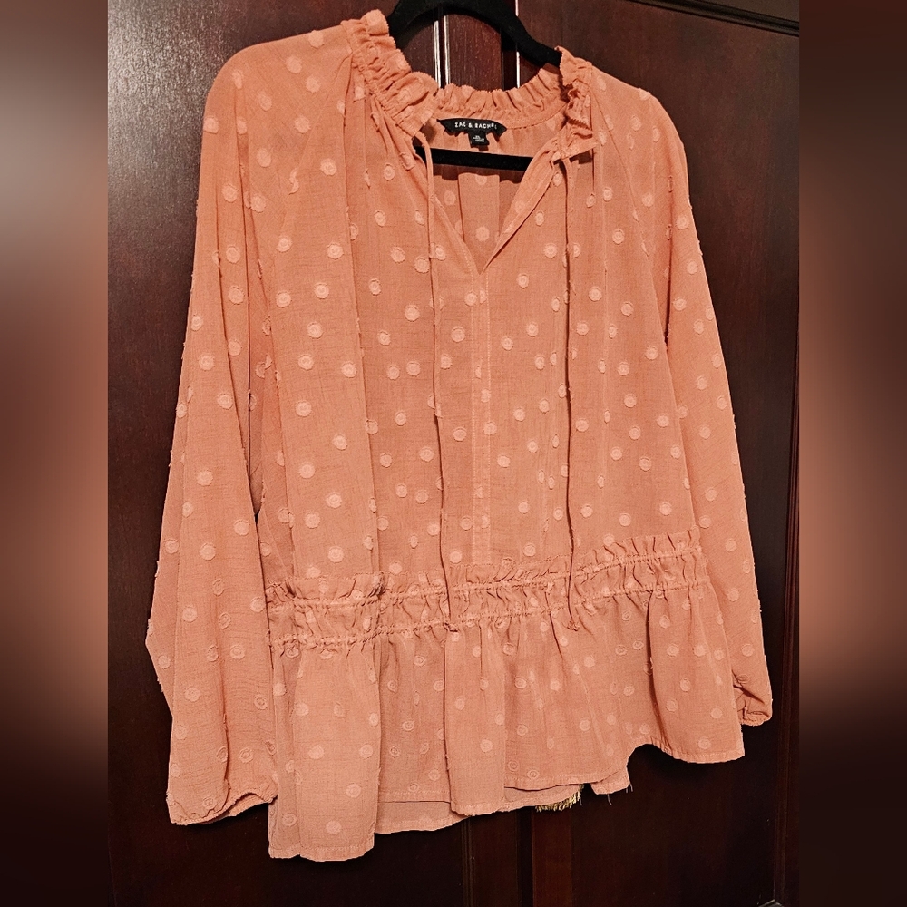 Rachel & Zoe XL Smocked Peplum Ruffled Swiss Dot Blouse Mandarin Collar NWOT - Picture 2 of 13